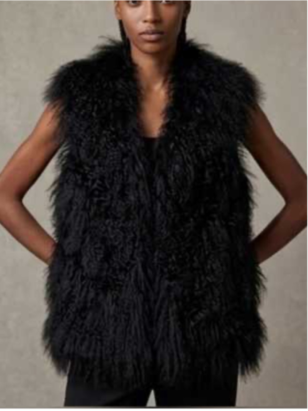 LIndzon Black Genuine Fur Long Shaggy Mongolian Lamb Vest Statement Luxury Layer